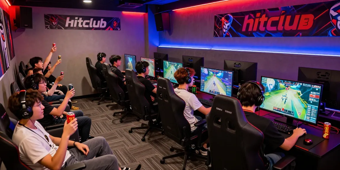 Players intensely competing in hitclub at a lively esports lounge, highlighting the gaming community.