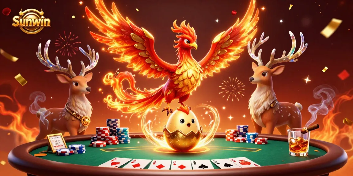 Experience thrilling poker action with Sunwin in a vibrant 3D casino scene featuring a fire phoenix.