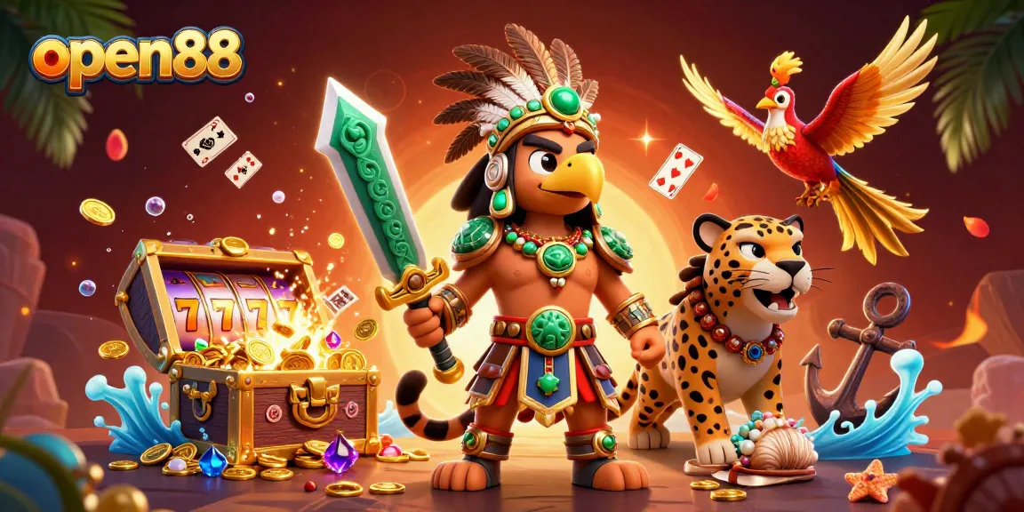 Experience thrilling gaming at open88 with vibrant 3D characters amid gold treasures and vibrant casino elements.