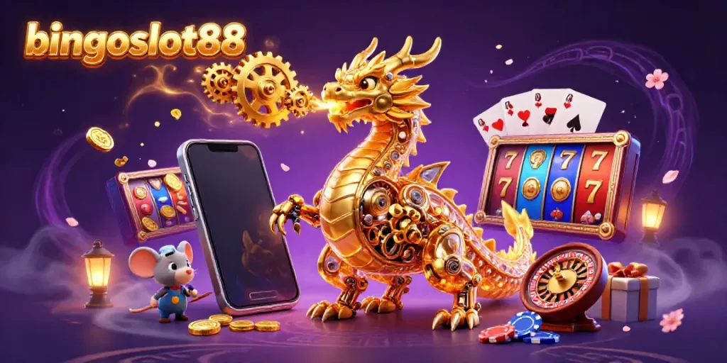 Permainan seru bingoslot88 dengan elemen mesin slot dan naga mekanis.