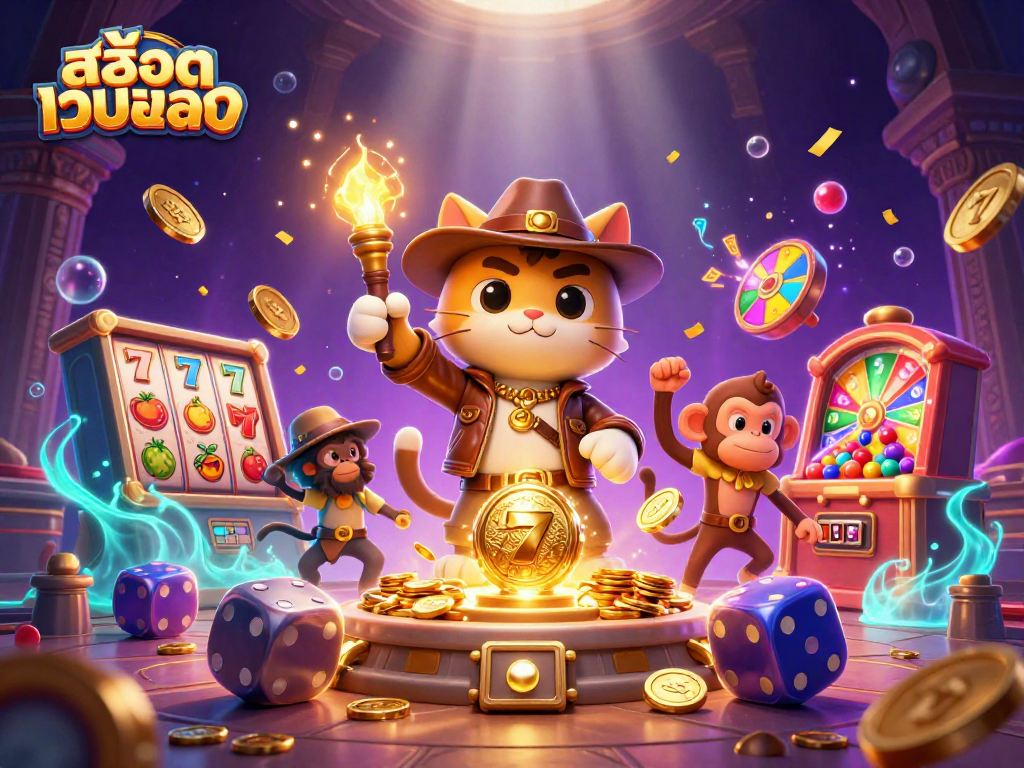 Experience the excitement of สล็อตเว็บตรง with colorful slot reels and a treasure-hunting cat in a dynamic casino scene.