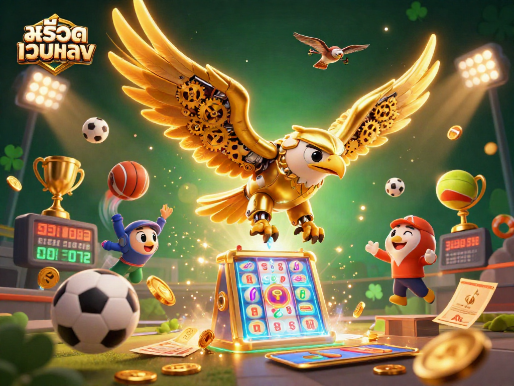 Experience the thrill of สล็อตเว็บตรง with a cybernetic eagle soaring through a vibrant casino scene.
