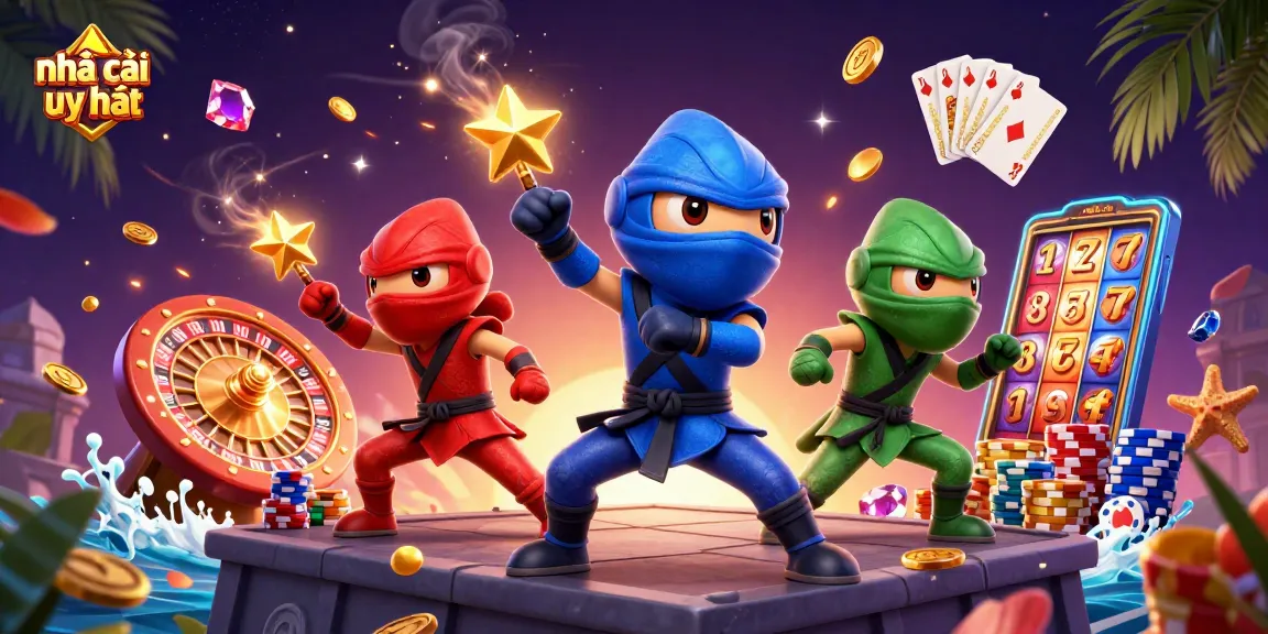 Win big with nhà cái uy tín in this vibrant 3D casino scene featuring ninjas and gaming elements.