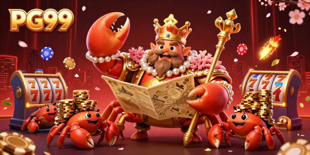 Engage with the PG99 casino scene, featuring a golden crab emperor among vibrant game elements.