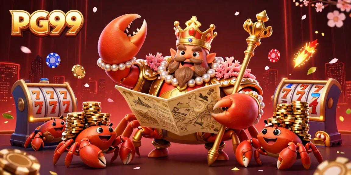 Engage with the PG99 casino scene, featuring a golden crab emperor among vibrant game elements.