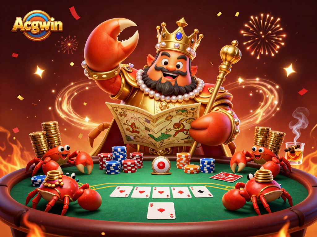 Engage with Acgwin's vibrant poker scene featuring a crab emperor, poker table, and confetti.