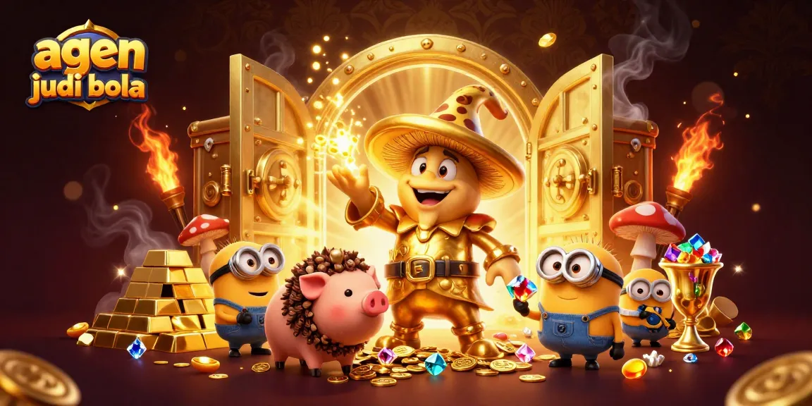 Experience the thrilling action with agen judi bola amidst golden treasures and magic in a dynamic casino scene.