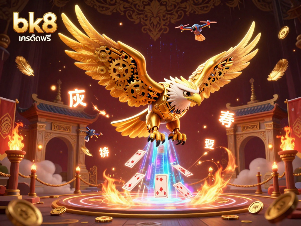 Place bets dynamically using bk8 เครดิตฟรี with a cybernetic eagle flying through holographic cards among gold coins.