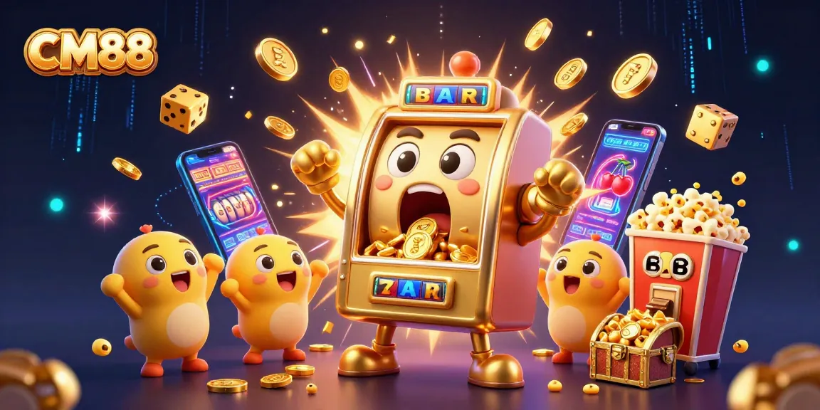 CM88 slot machine hits jackpot as coins burst forth, surrounded by cheering machines and colorful casino game elements.