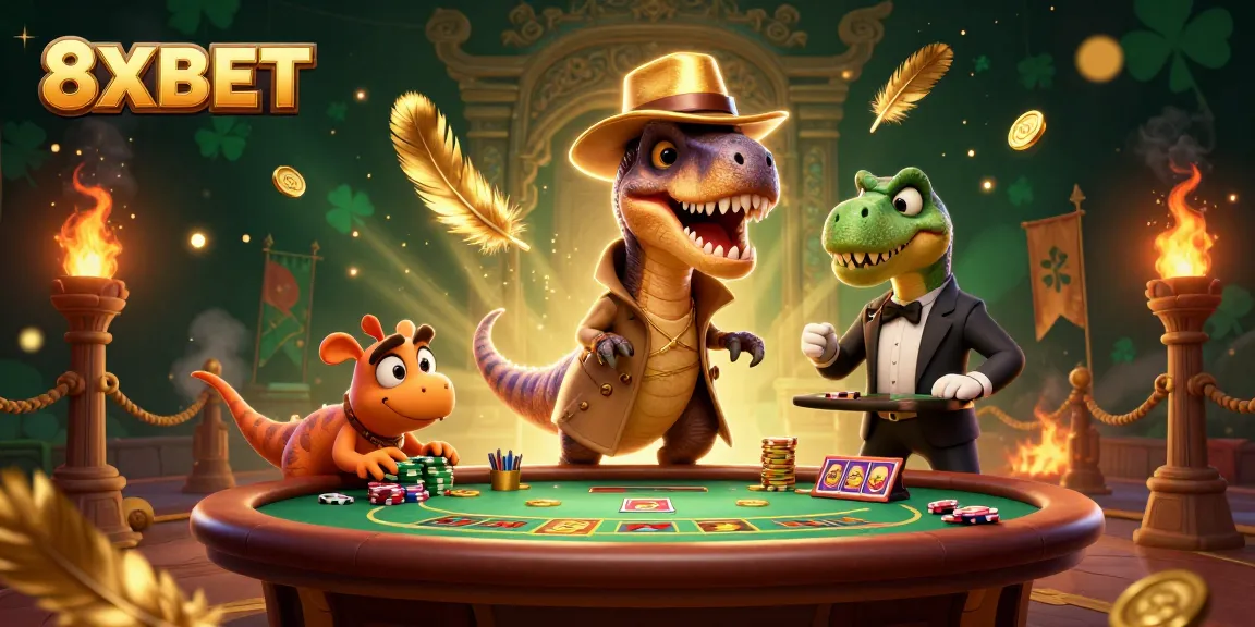 Join the excitement at 8XBET with a dynamic scene showcasing card games, exclusive characters, and vibrant casino elements.
