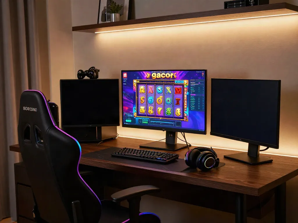 Engaging online gaming scene featuring slot gacor game display and accessories in modern office.