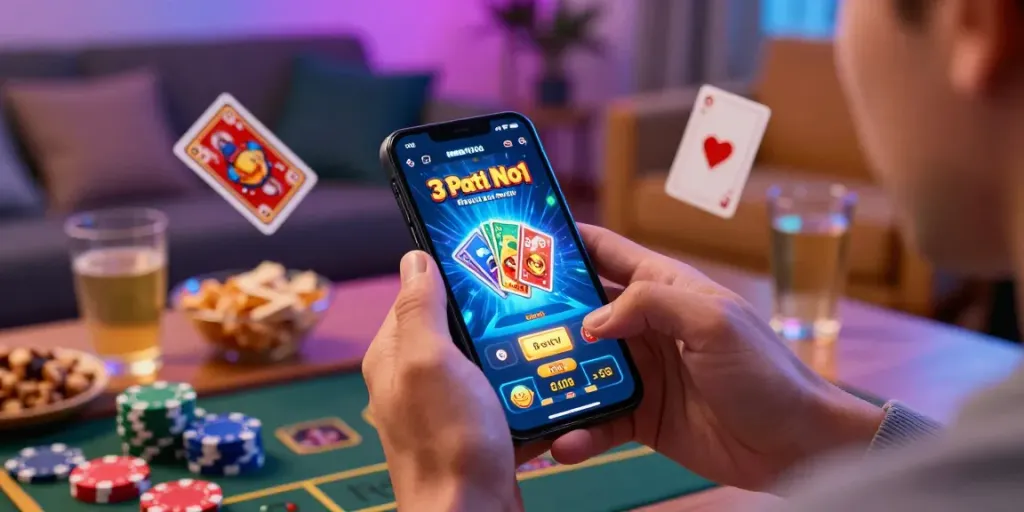 Engaging moment with 3 Patti No1 app gameplay in a lively living room setting.