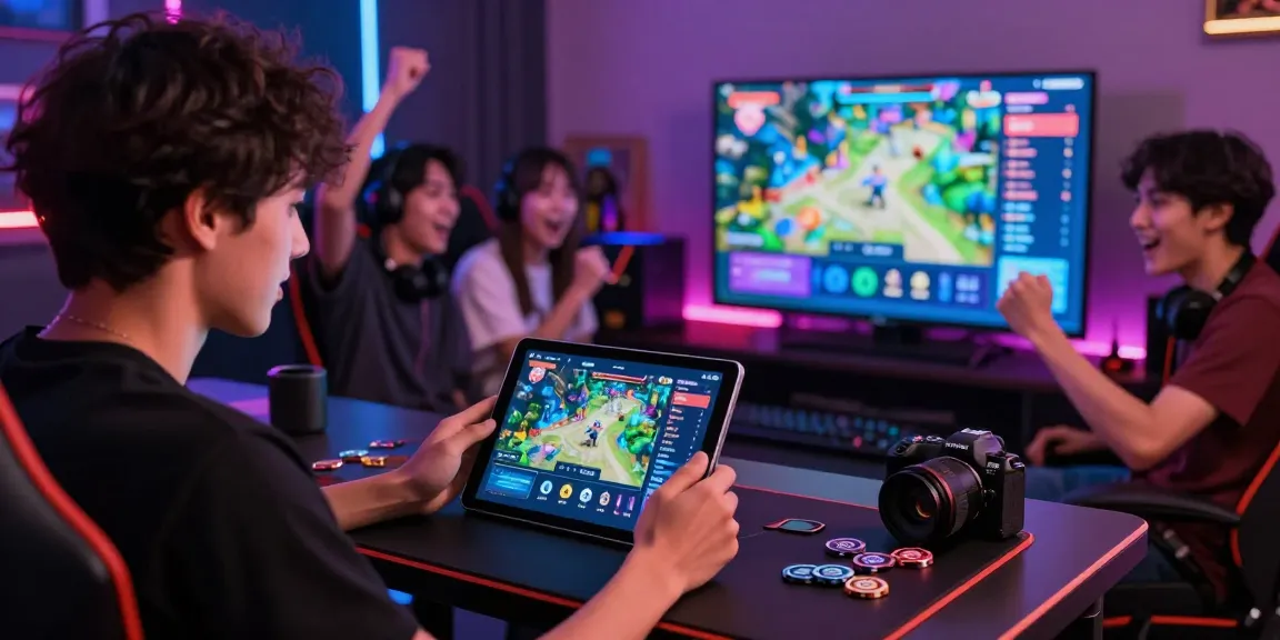 Engaging JaiClub gaming scene with friends cheering and tablet gameplay.