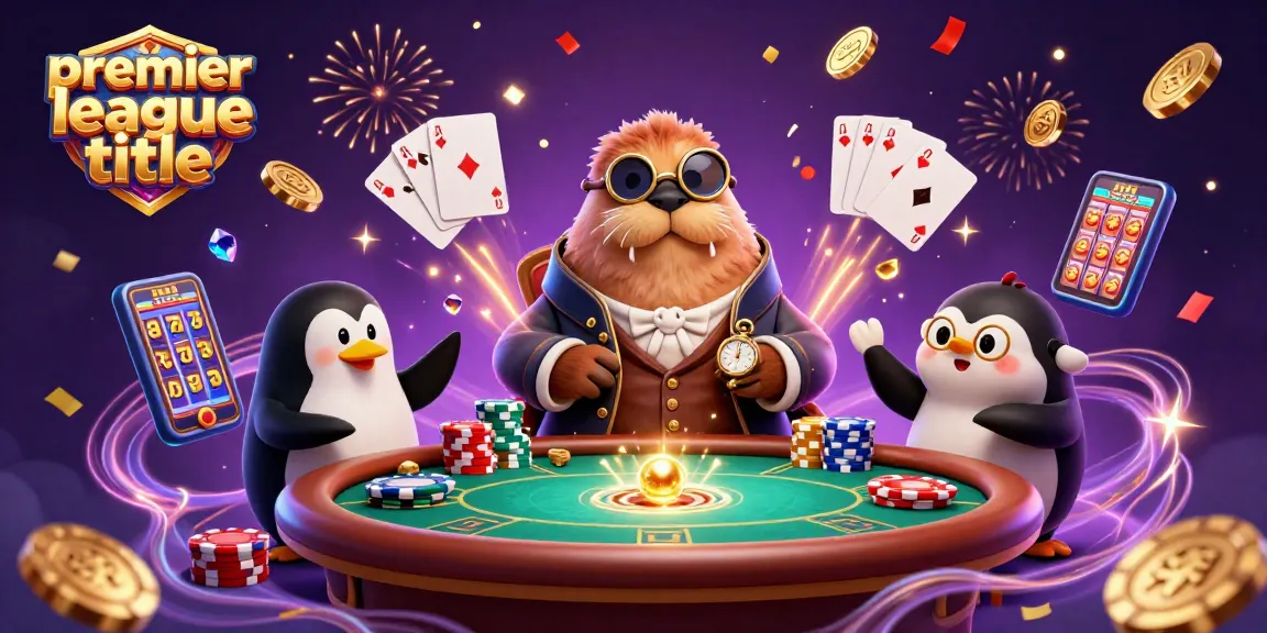 Merayakan kemenangan di meja poker bertema liga dengan karakter kartun dan elemen kasino dalam ilustrasi 3D.