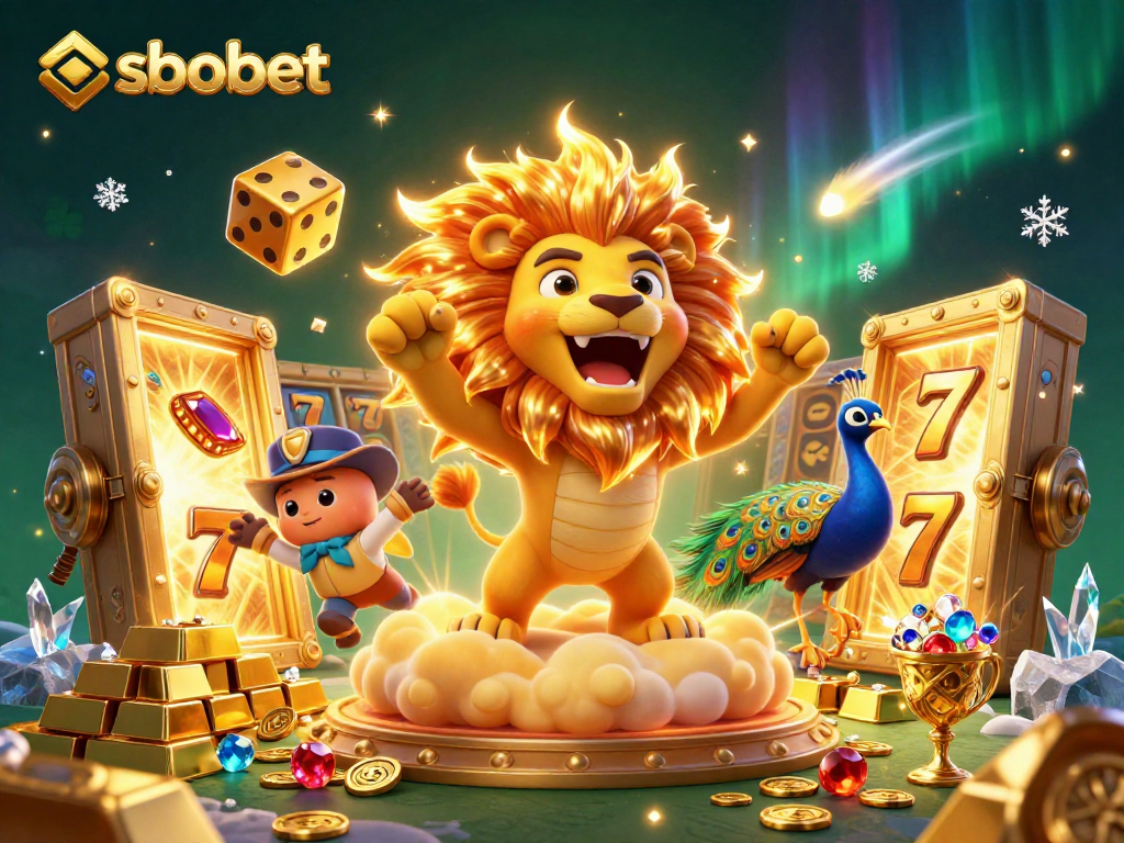 Experience thrilling sbobet action with a dynamic 3D casino scene filled with golden treasures and vibrant elements.