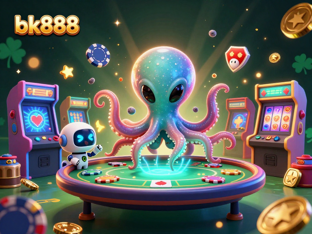Engage in exciting gaming adventures with bk888 at a vibrant casino scene featuring an alien octopus.