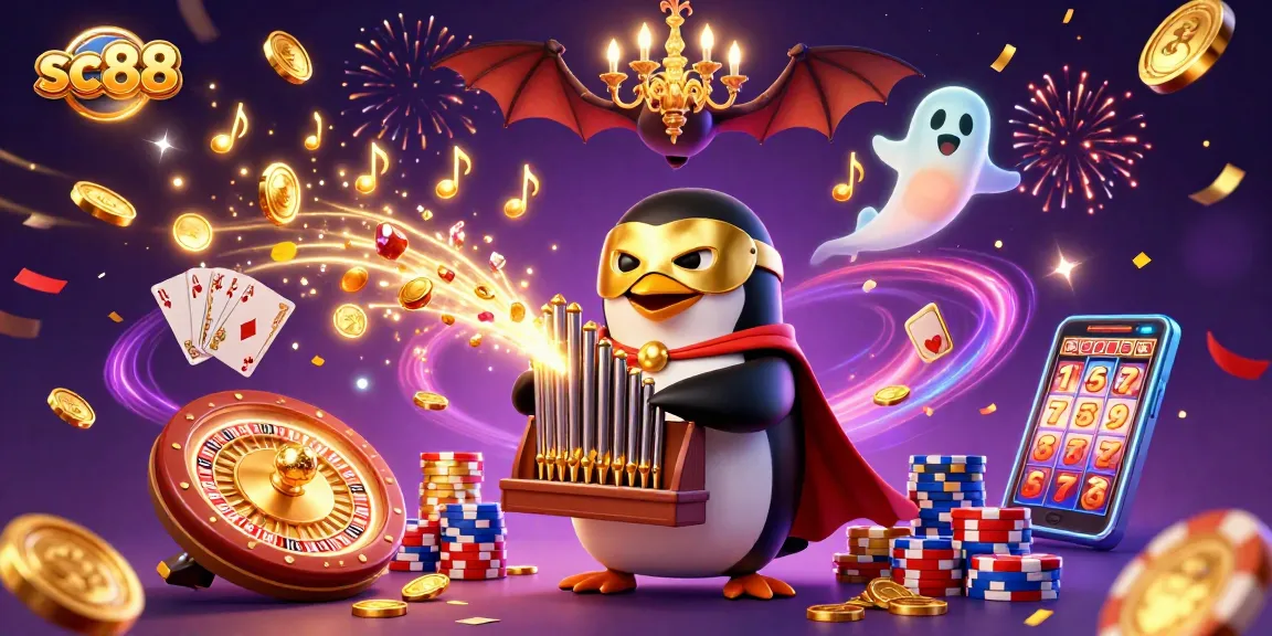 Experience thrilling gameplay at sc88 with a cartoon penguin organ player shooting gold coins in a vibrant casino illustration.