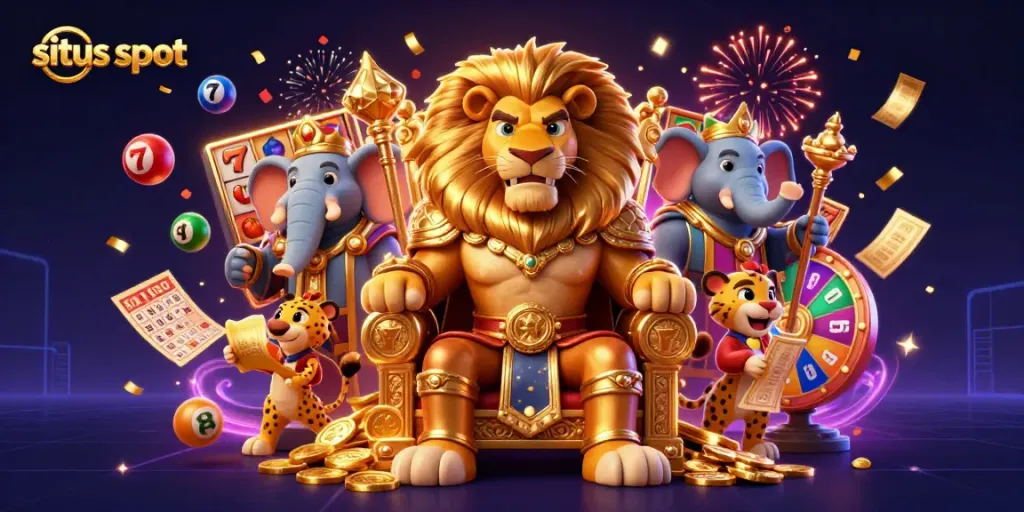 Gambarkan momen menang di situs slot dengan singa raja dan elemen slot berwarna warni.