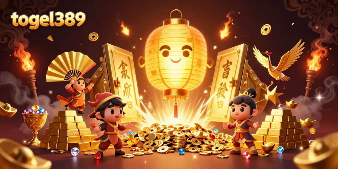 Experience the excitement of togel389 with a vibrant 3D illustration of golden elements and lucky symbols.