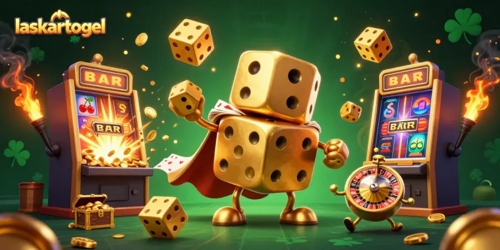 Experience the excitement of laskartogel with a vibrant 3D illustration featuring golden dice and slot machines.