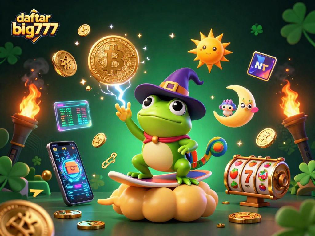 Spin for riches with daftar big777, featuring a wizard frog, chameleon, and golden coins in a vibrant scene.