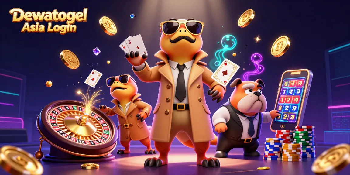 Dewatogel Asia Login showcases playful raptors entering a VIP casino, surrounded by dynamic gambling elements.