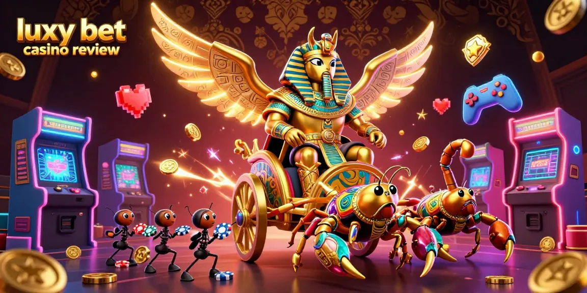 Experience luxury gaming with this ultra-detailed luxy bet casino review illustration featuring mythical characters and arcade elements.