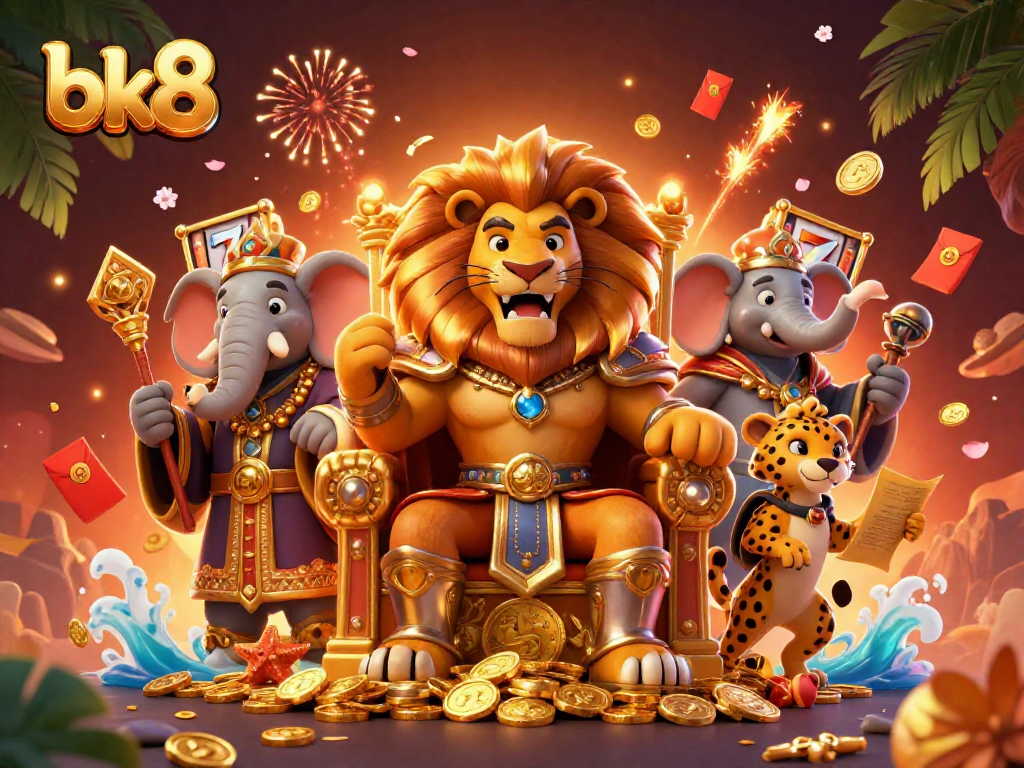 Experience thrilling wins with bk8's lion king and his advisors in a captivating casino scene.