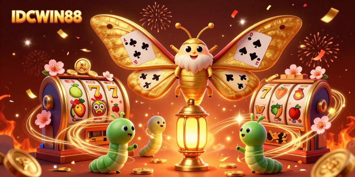 Experience the excitement of IDCWIN88 with vibrant slot reels and a magical 3D moth illustration.