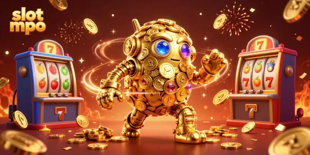 Spin the reels with slot mpo's vibrant 3D illustration featuring a golden golem and festive casino elements.