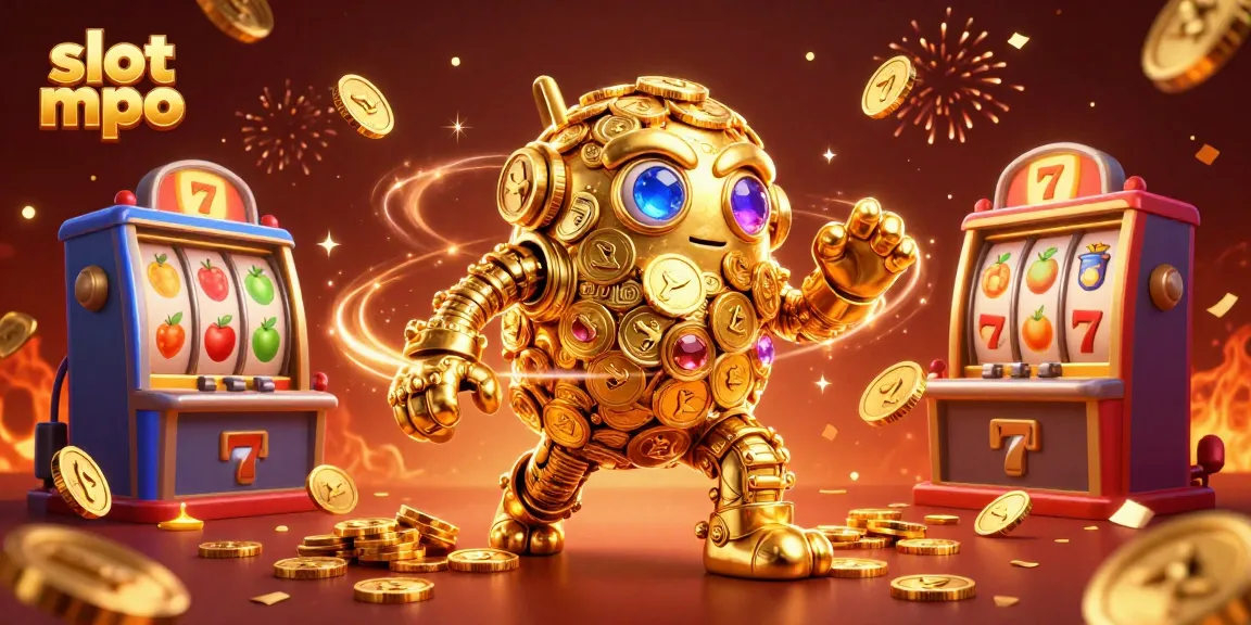 Spin the reels with slot mpo's vibrant 3D illustration featuring a golden golem and festive casino elements.
