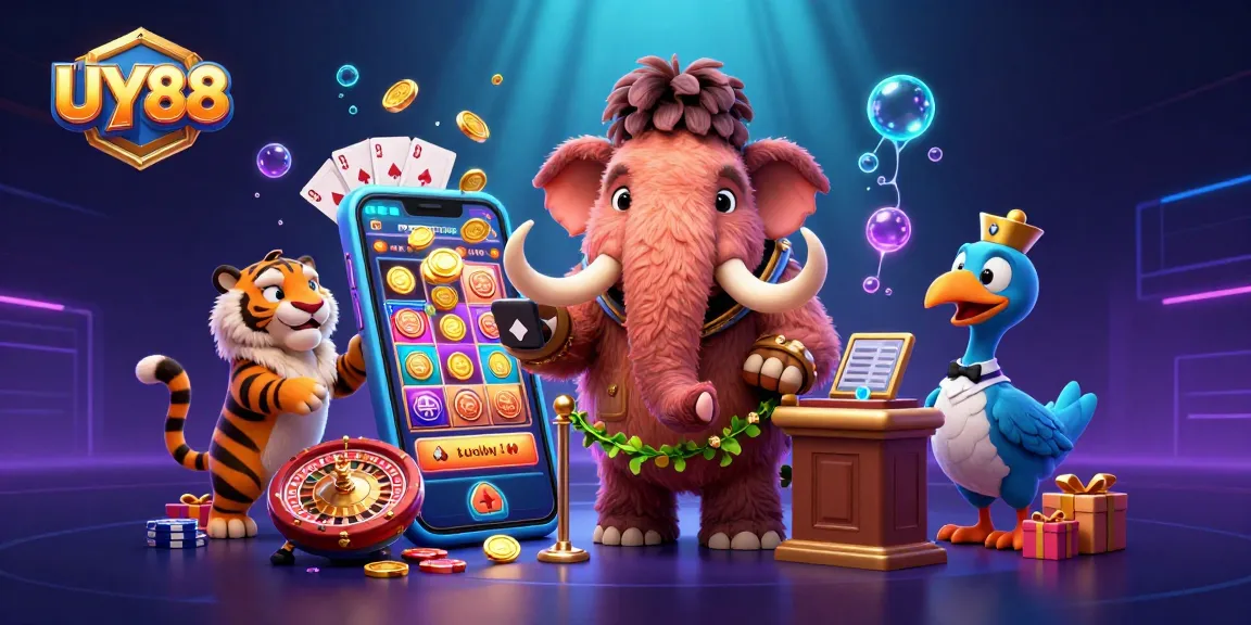 Experience excitement at UY88 casino with a vibrant scene of a woolly mammoth bouncer and lively casino elements.