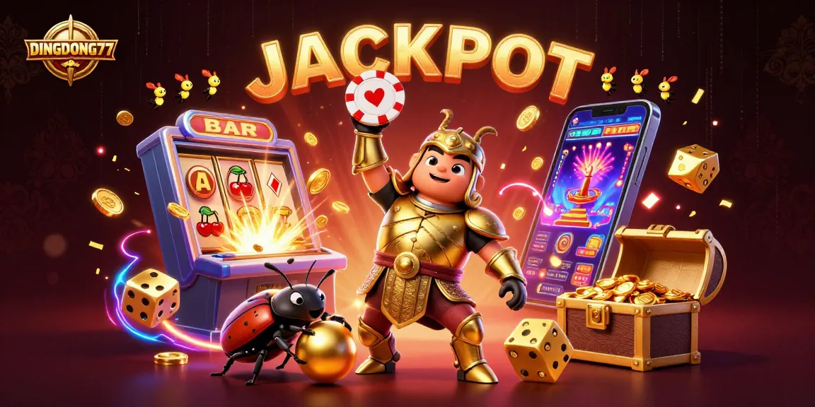 DINGDONG77 celebrates a jackpot win with vibrant casino characters and dynamic gameplay action.