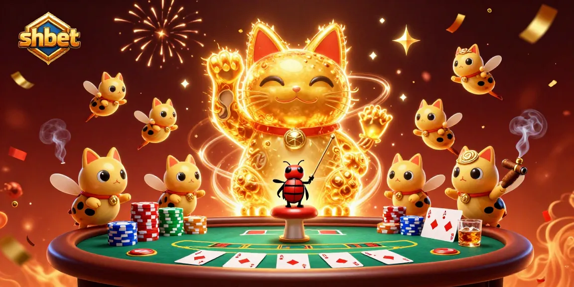Experience shbet's vibrant casino world with a waving lucky cat and dynamic poker action.