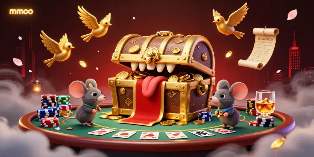 Eager adventurer mice are drawn to the mmoo treasure chest in a vibrant live casino setting with poker elements.