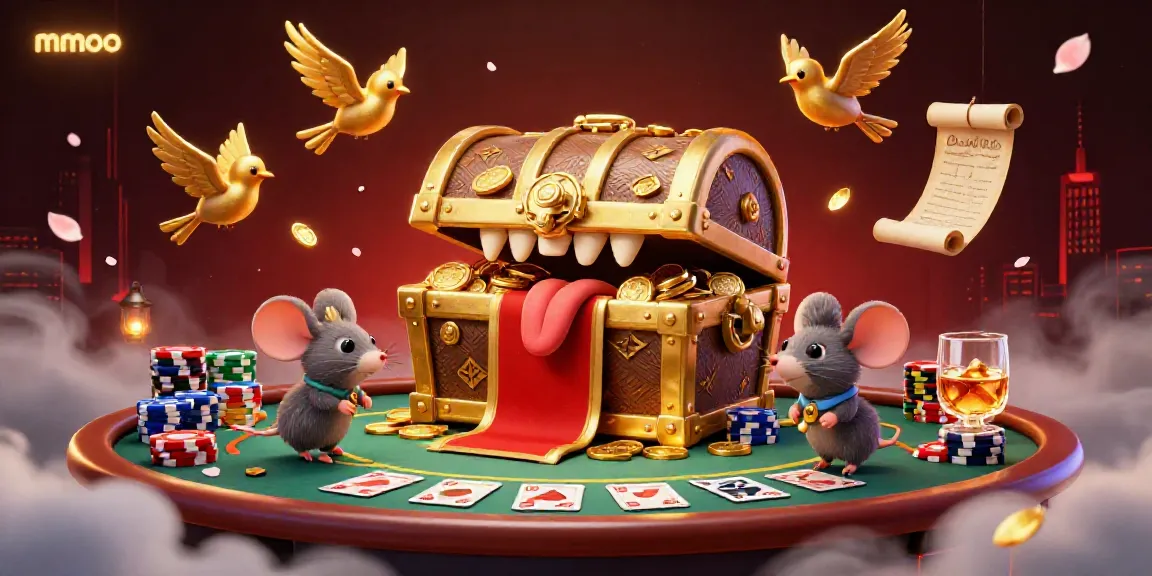 Eager adventurer mice are drawn to the mmoo treasure chest in a vibrant live casino setting with poker elements.