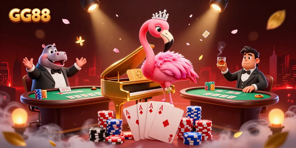 Experience the vibrant GG88 casino scene with flamingo singer, hippo bassist, and poker excitement.