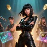 Interagisci con i casinò non AAMS in questa vivace scena 3D che mostra una potente donna asiatica circondata da elementi Bitcoin fluttuanti.
