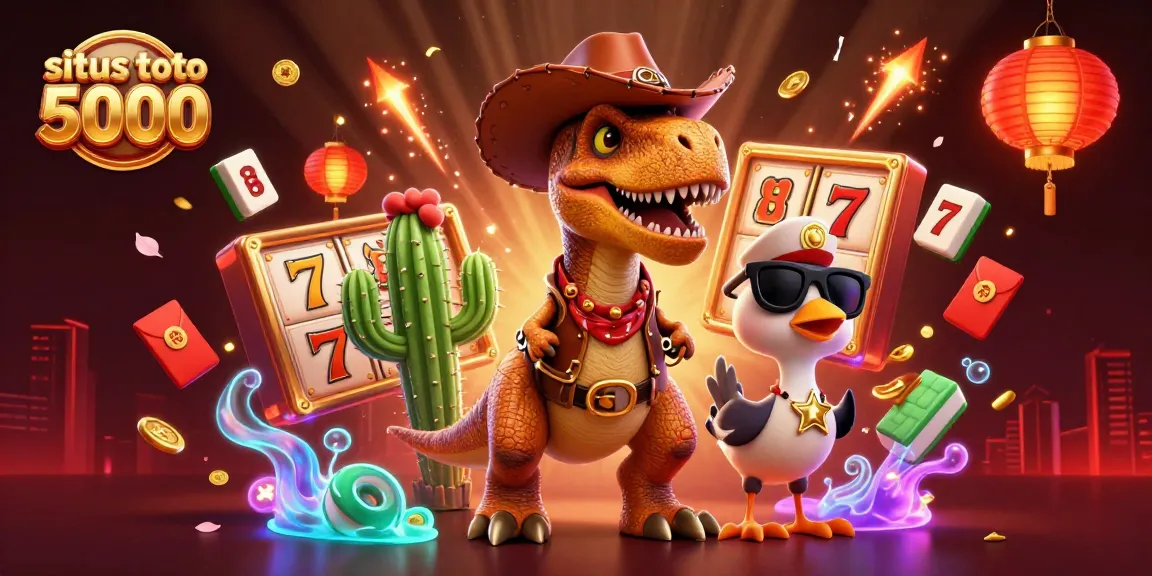 Engaging scene featuring a dinosaur character enjoying fun gameplay at situs toto 5000, showcasing vibrant casino elements.
