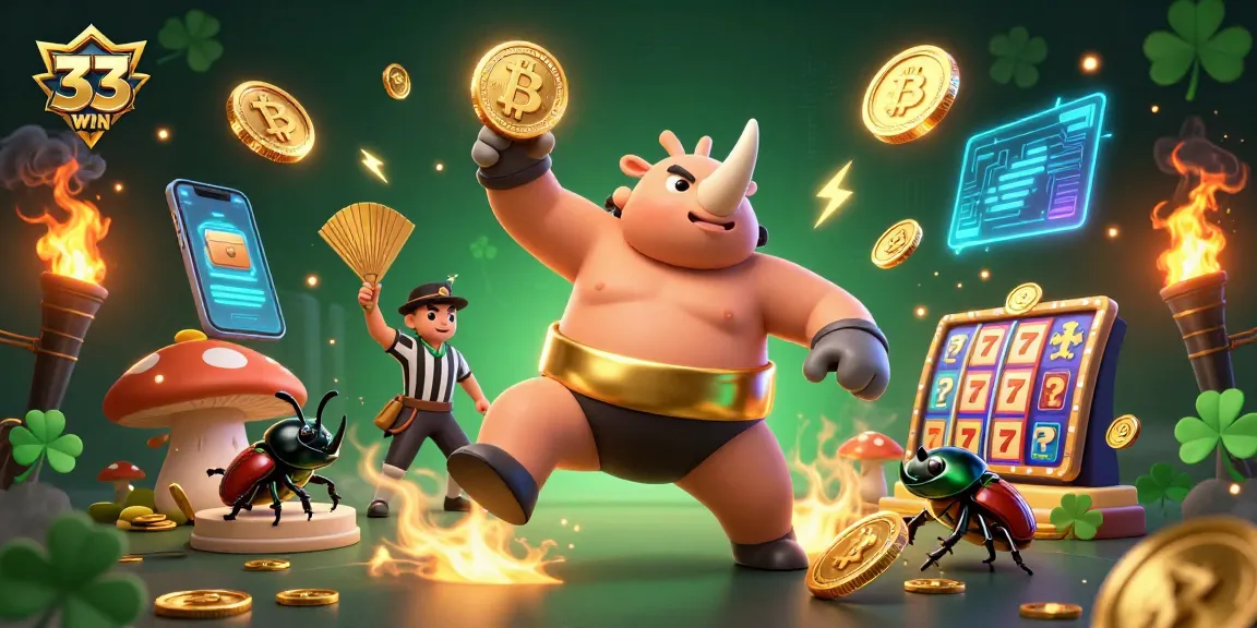 33WIN showcases a vibrant casino scene with a beetle champion and crypto elements, enhancing excitement.