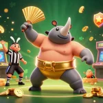 Engage with online casinos through a vibrant 3D cartoon scene featuring a beetle champion surrounded by gaming elements.