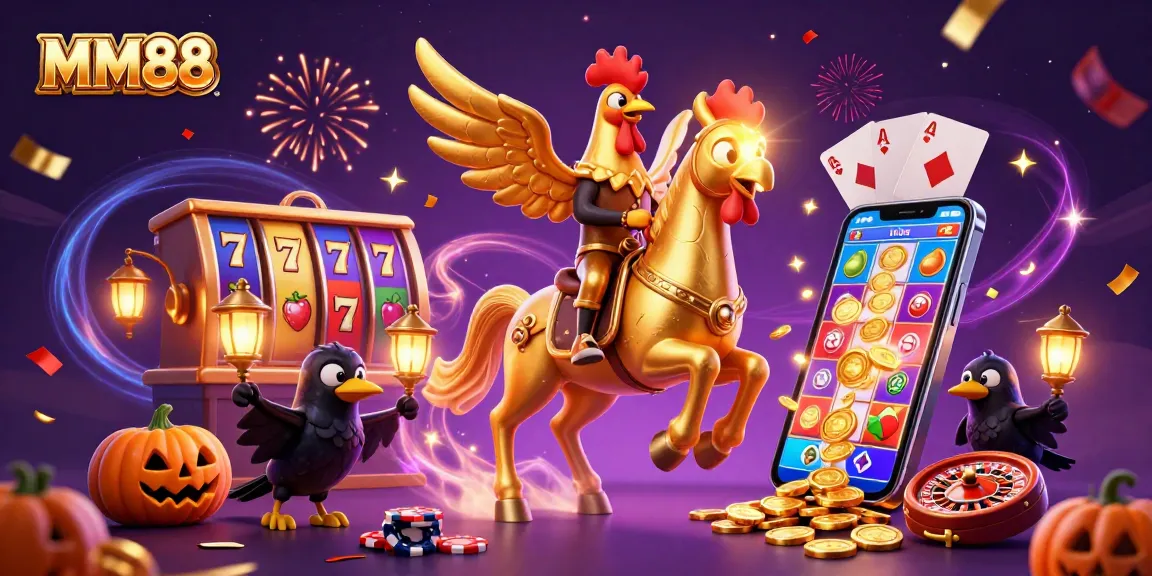 Join the thrill of MM88 with a vibrant casino scene featuring a golden rooster and exciting slot games.