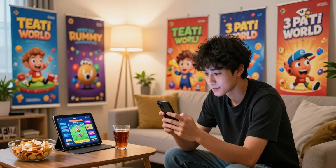 Mobile gaming enthusiast downloading the 3 Patti World app, featuring Game Download Link and vibrant game promotions in a cozy living room.