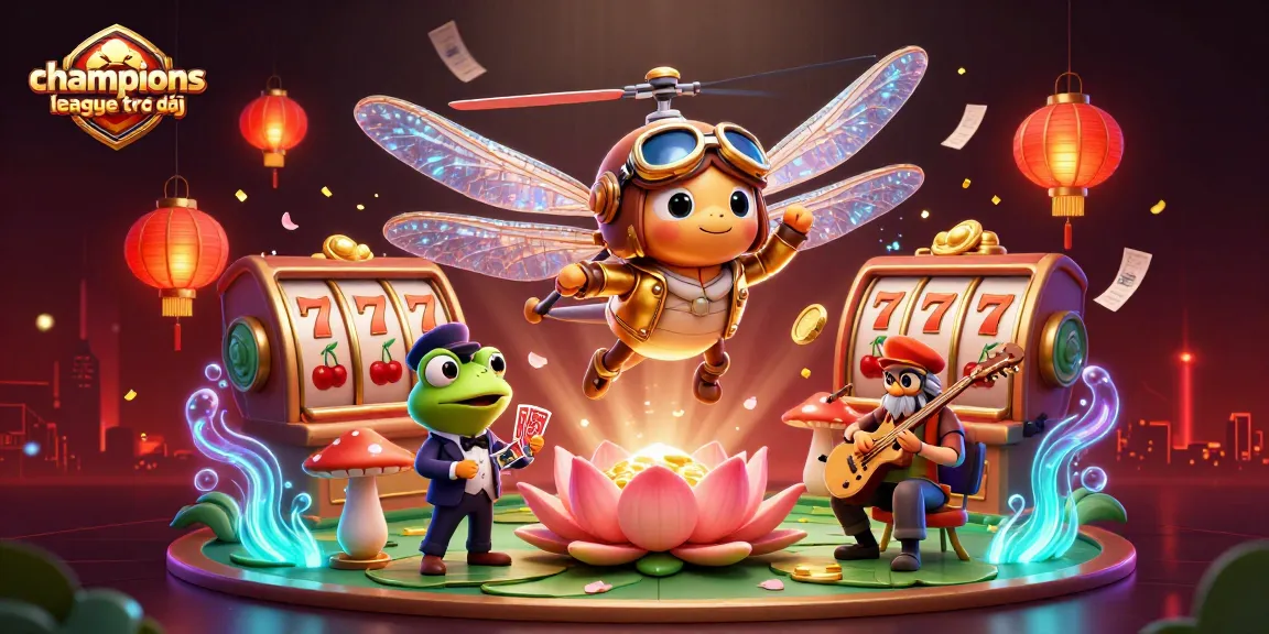Watch champions league trực tiếp with vibrant 3D casino elements including a lively dragonfly pilot and a frog croupier.