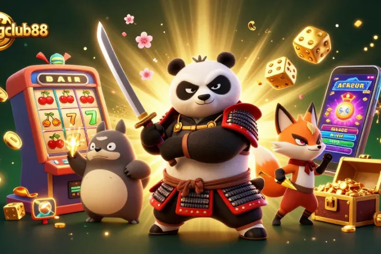 Experience the excitement of menangclub88 with thrilling gaming scenes featuring unique characters and slot machines.