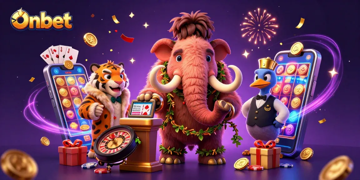 Engage in exciting gaming at Onbet with vibrant 3D cartoon characters and slot elements.
