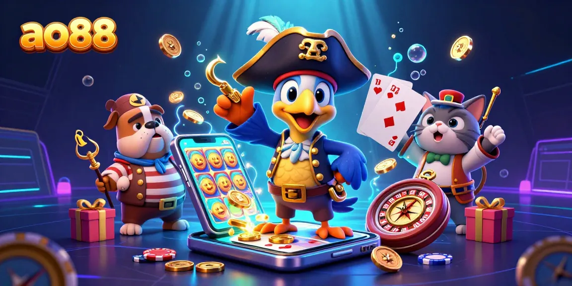 Engage in exciting gameplay at ao88 with a pirate captain, bulldog, and cat, amidst vibrant casino elements.