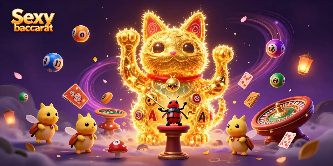 Engage in Sexy baccarat with an enchanting illustration of a lucky cat, vibrant casino elements, and dynamic gaming atmosphere.