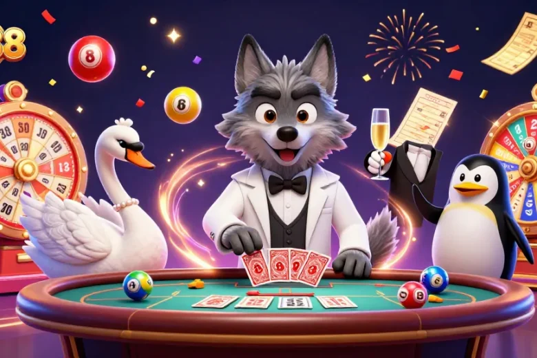 Experience exciting gameplay at QS88, featuring a debonair wolf at the baccarat table, a swan dealing cards, and a sophisticated penguin serving champagne.