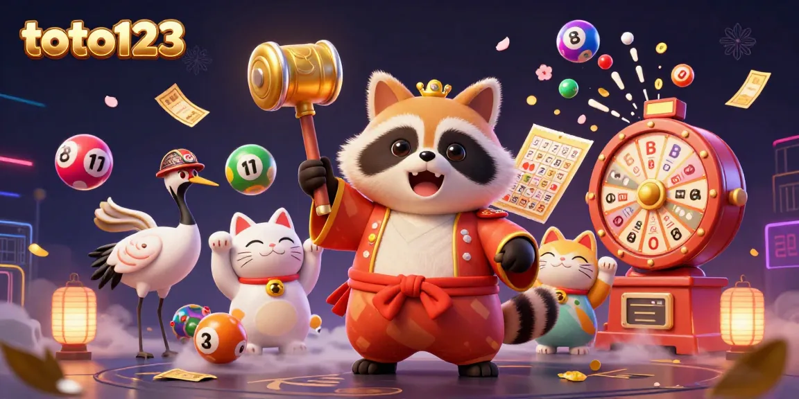 Toto123 adds excitement to your lottery experience with colorful elements and a cheerful tanuki.